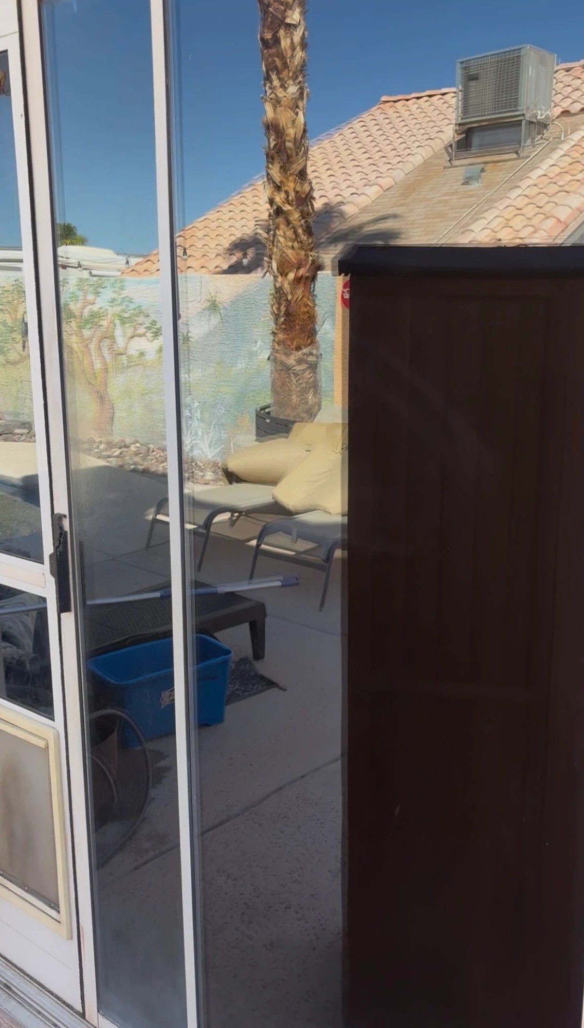 Cleaned sliding glass door at a Las Vegas Valley home, with a palm tree and tiled roof mirrored in the glass